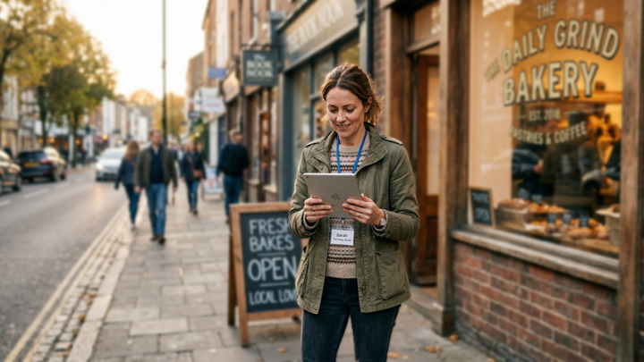 Small business owner checking phone outside local bakery on city street