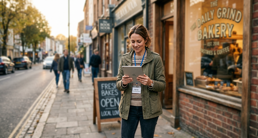 Small business owner checking phone outside local bakery on city street