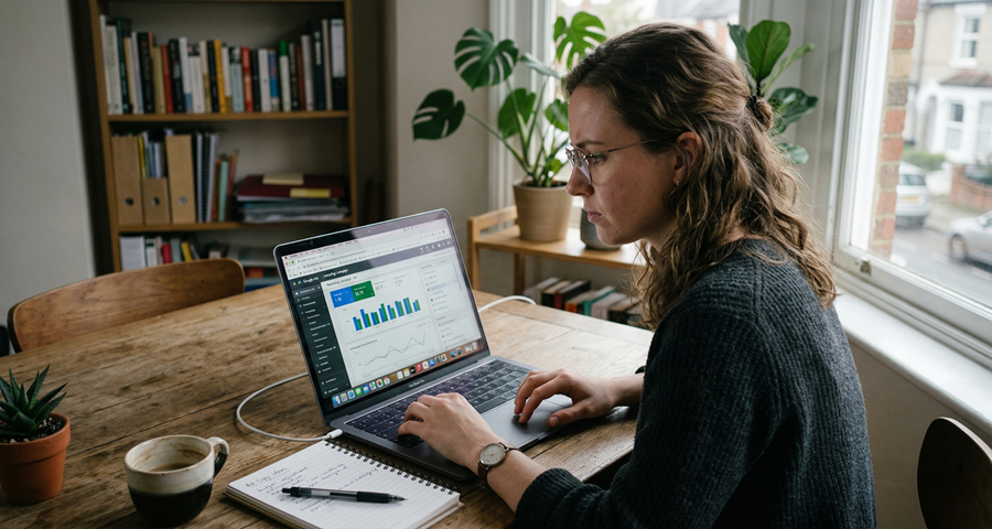 Entrepreneur analyzing marketing data on laptop in home office workspace
