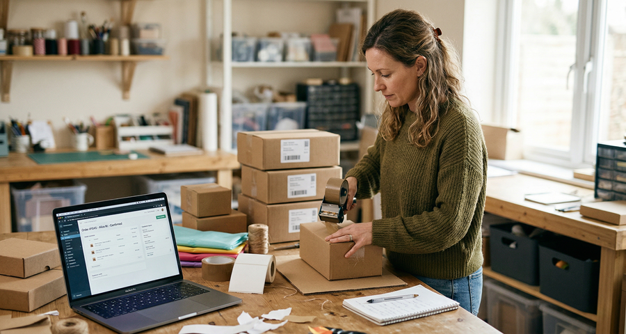 Small business owner packing orders with laptop in home workspace